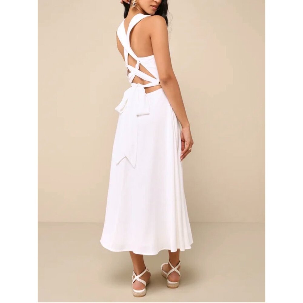 Lulus Sunny Energy White Linen Lace-Up Linen Midi Dress with Pockets Sz Small Wo